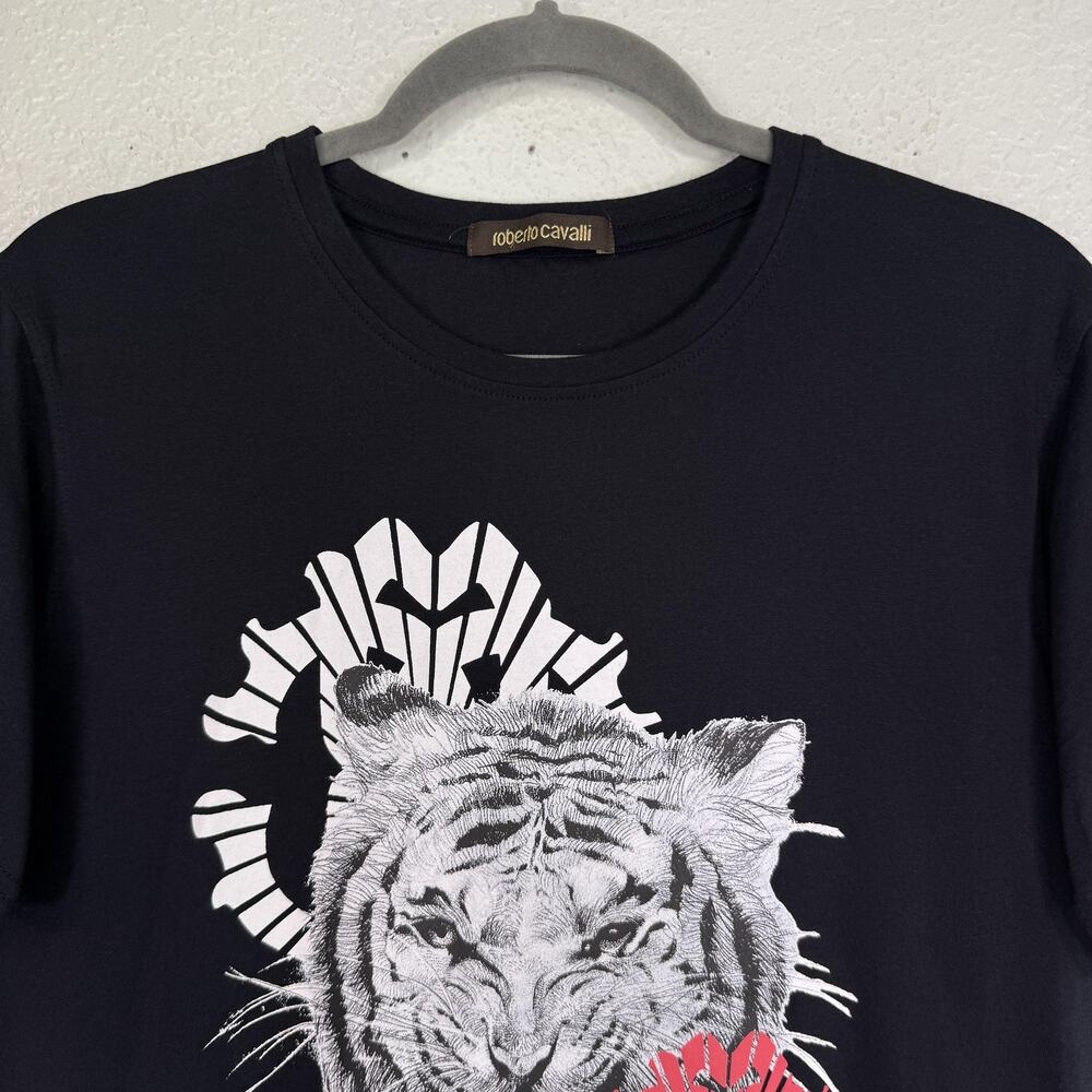Roberto Cavalli Shirt Mens Large Tiger Graphic Tee Black Logo Designer Luxury - Picture 6 of 10